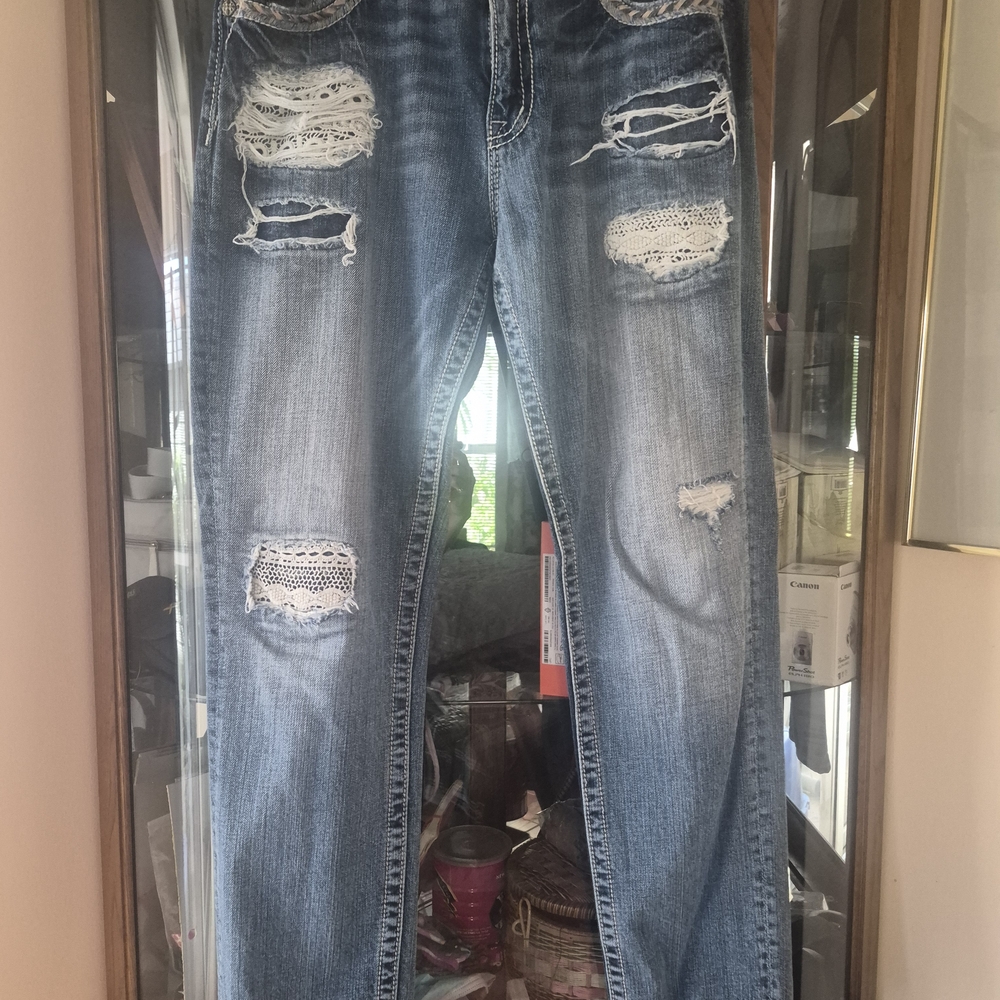 Miss Me Distressed Boyfriend Jeans in Faded Blue with Crochet Insets